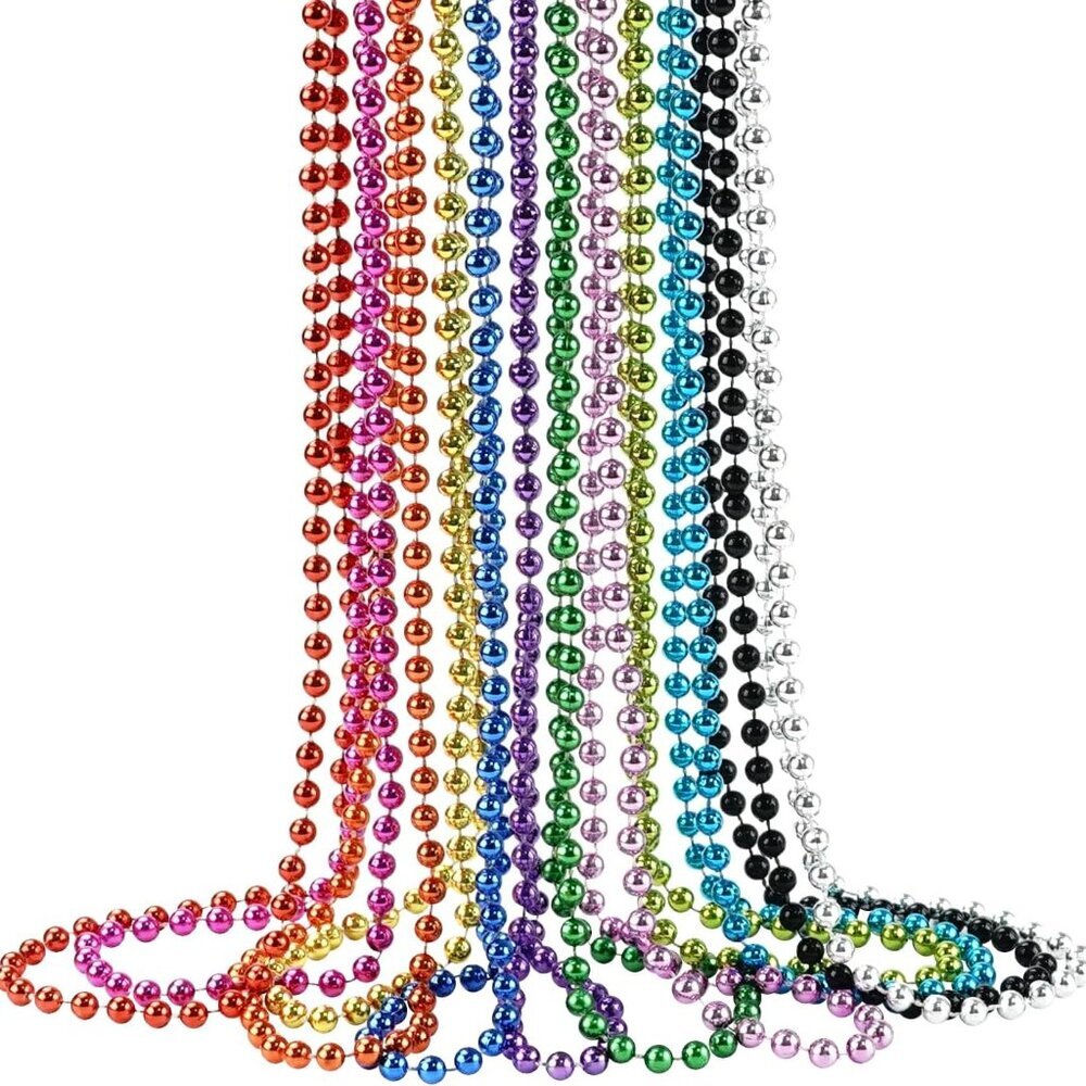 33'' 7mm Metallic Colors Bead Necklace Bulk, Mardi Gras Round Beaded Necklaces f